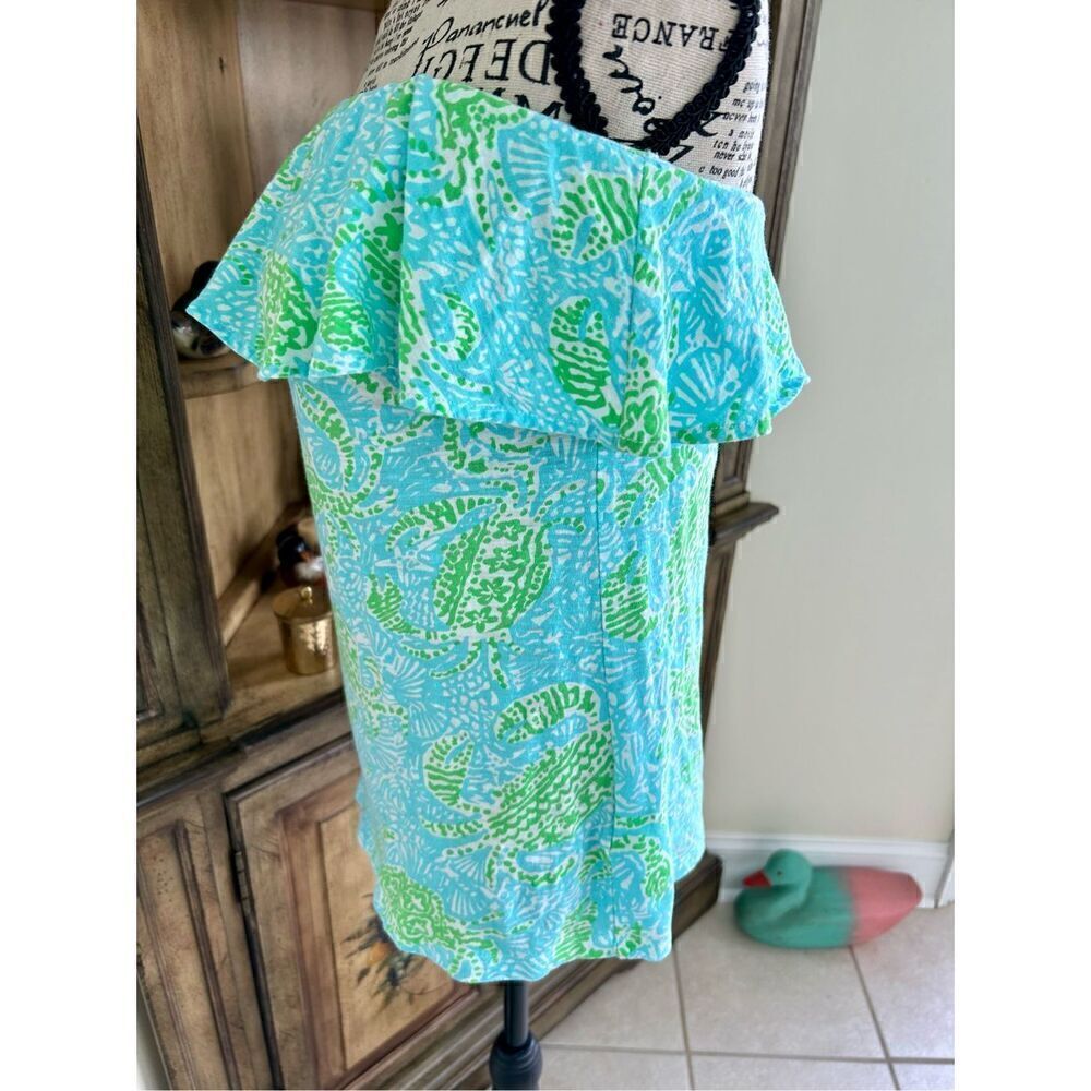 Lilly Pulitzer Strapless Tee Shirt XS 32 Bust Blue Green Coconut Girl Knit Top - Picture 2 of 7